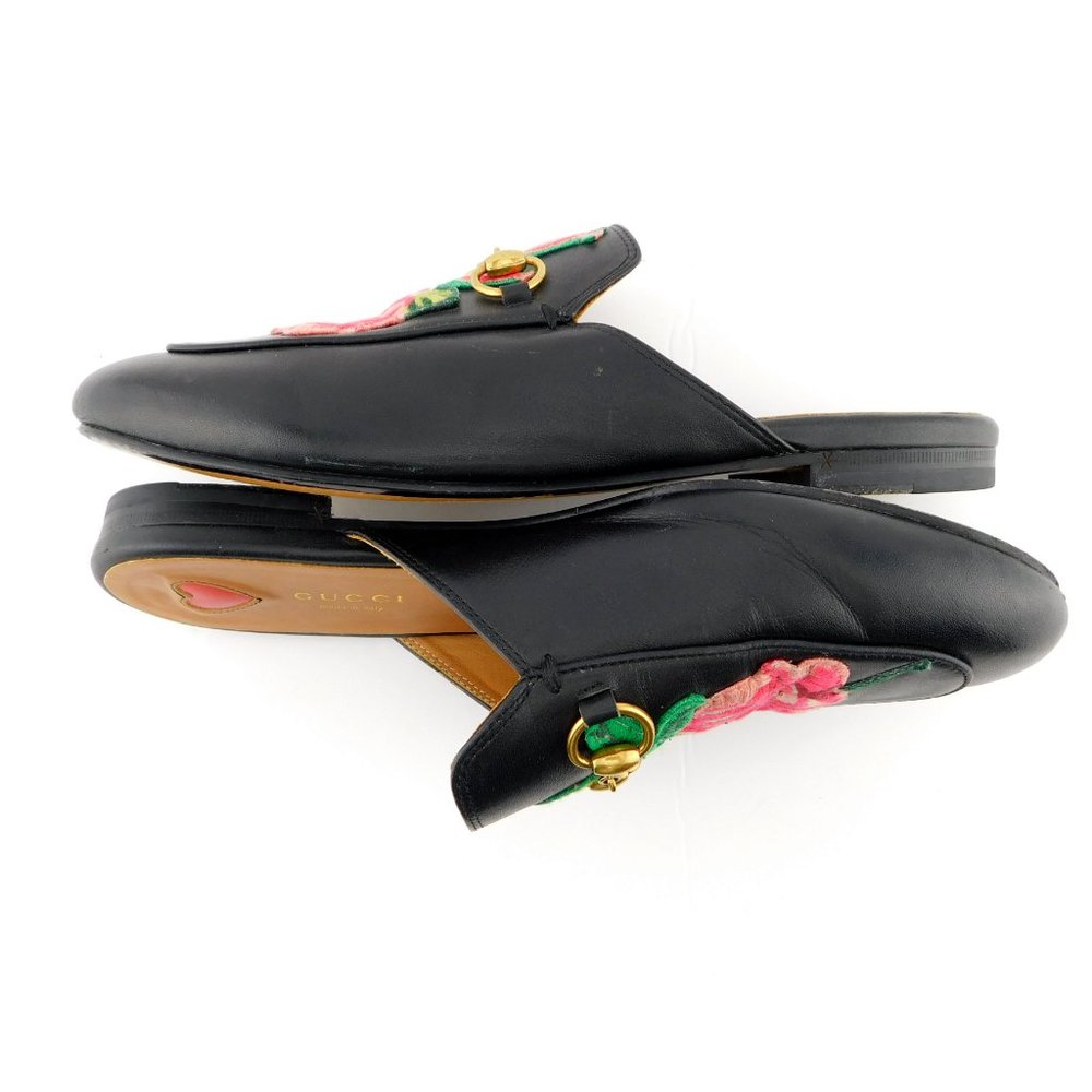 GUCCI Horse Bit Rose Floral Black Leather Slip-on Loafer Mule Flats 37 - Picture 4 of 9